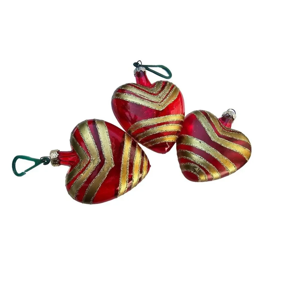 Set Of‎ 3 Red & Gold Heart-Shaped Christmas Tree Ornaments With Glitter Stripes